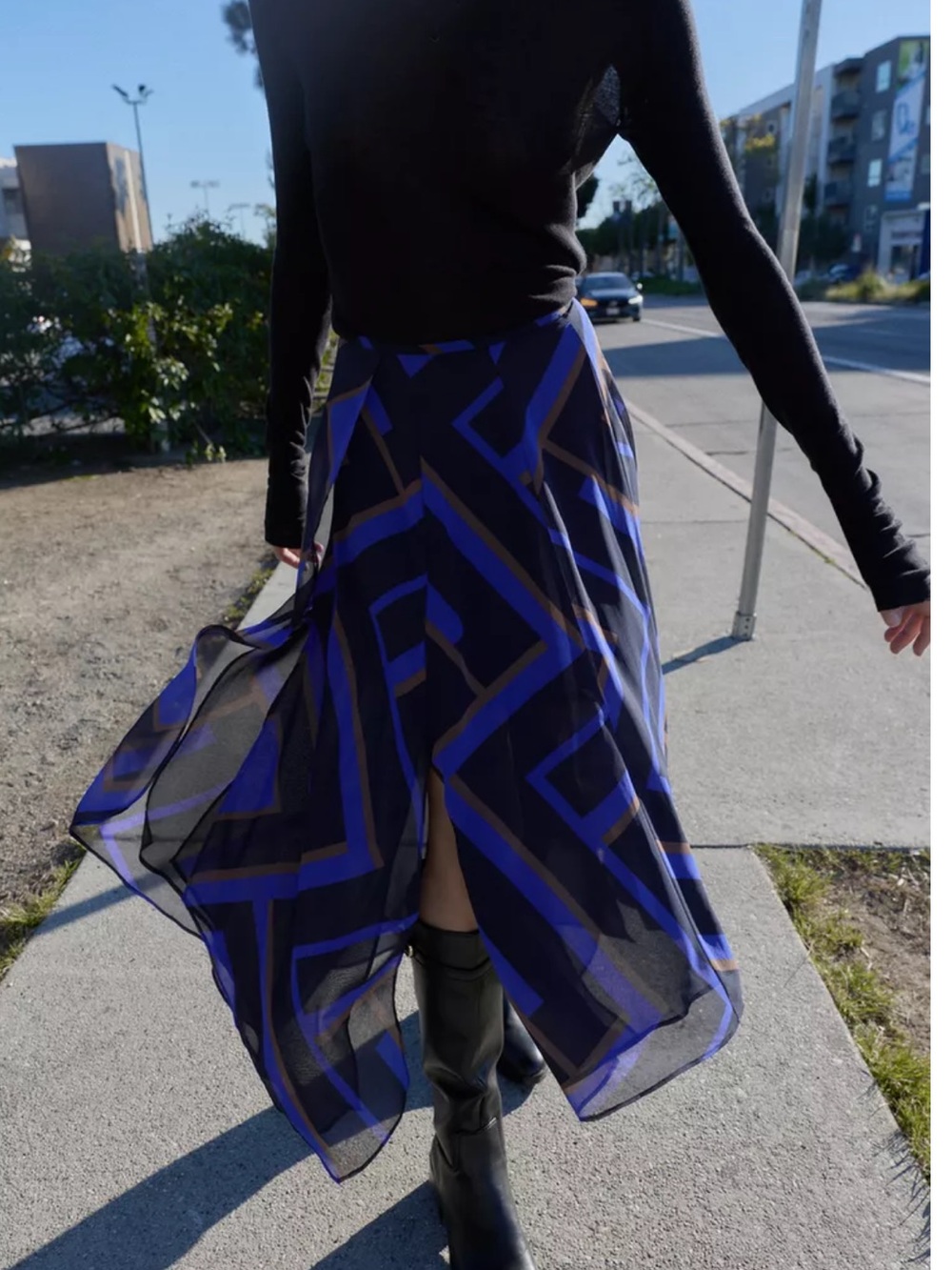 ZARA Blue Black Abstract Geometric Chiffon Handkerchief Hem Midi Skirt Slit S